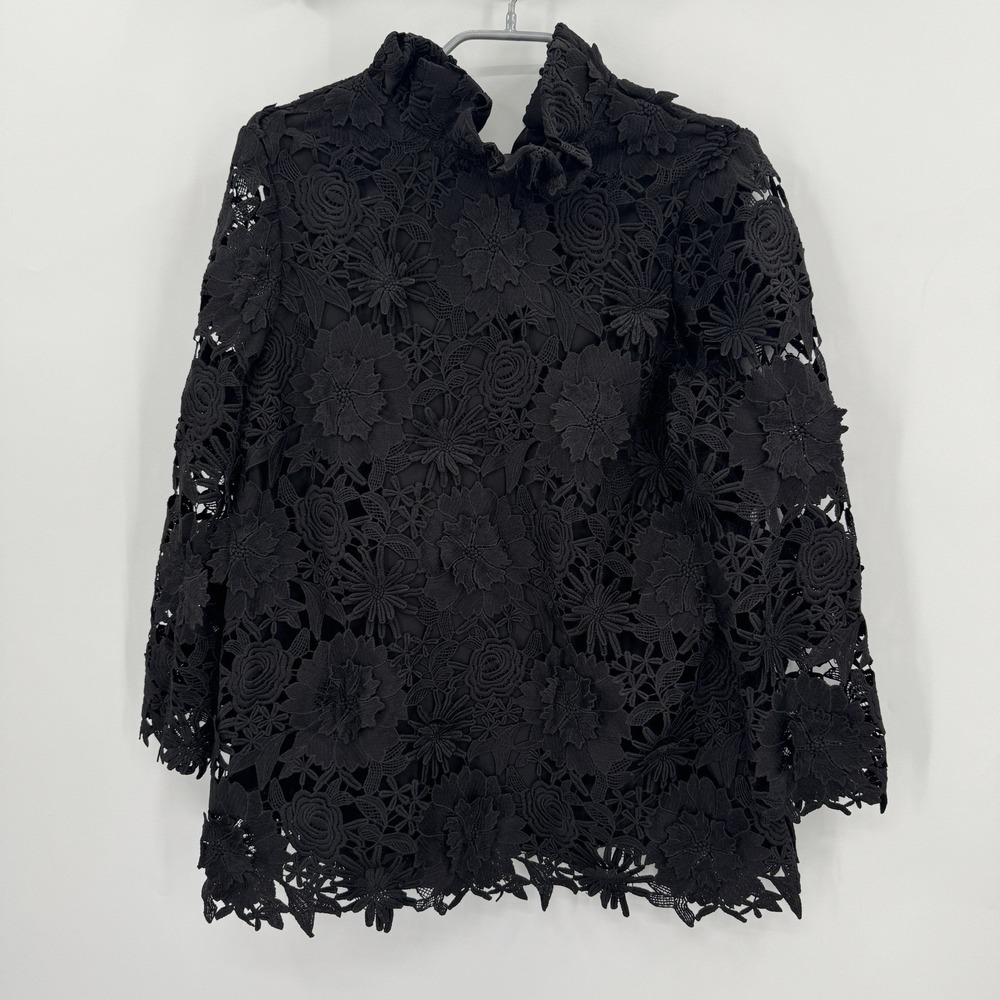 Tuckernuck Black Guipure Lace Faye Blouse XS 3/4 Sleeve Ruffle Bow Tie Top NWT